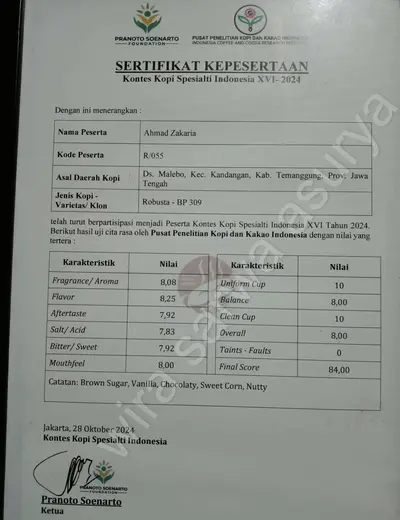 Robusta coffee from Temanggung, Java, Indonesia scored 84.00 by certified Q Graders — specialty-grade with flavor notes of brown sugar, vanilla, and chocolate.